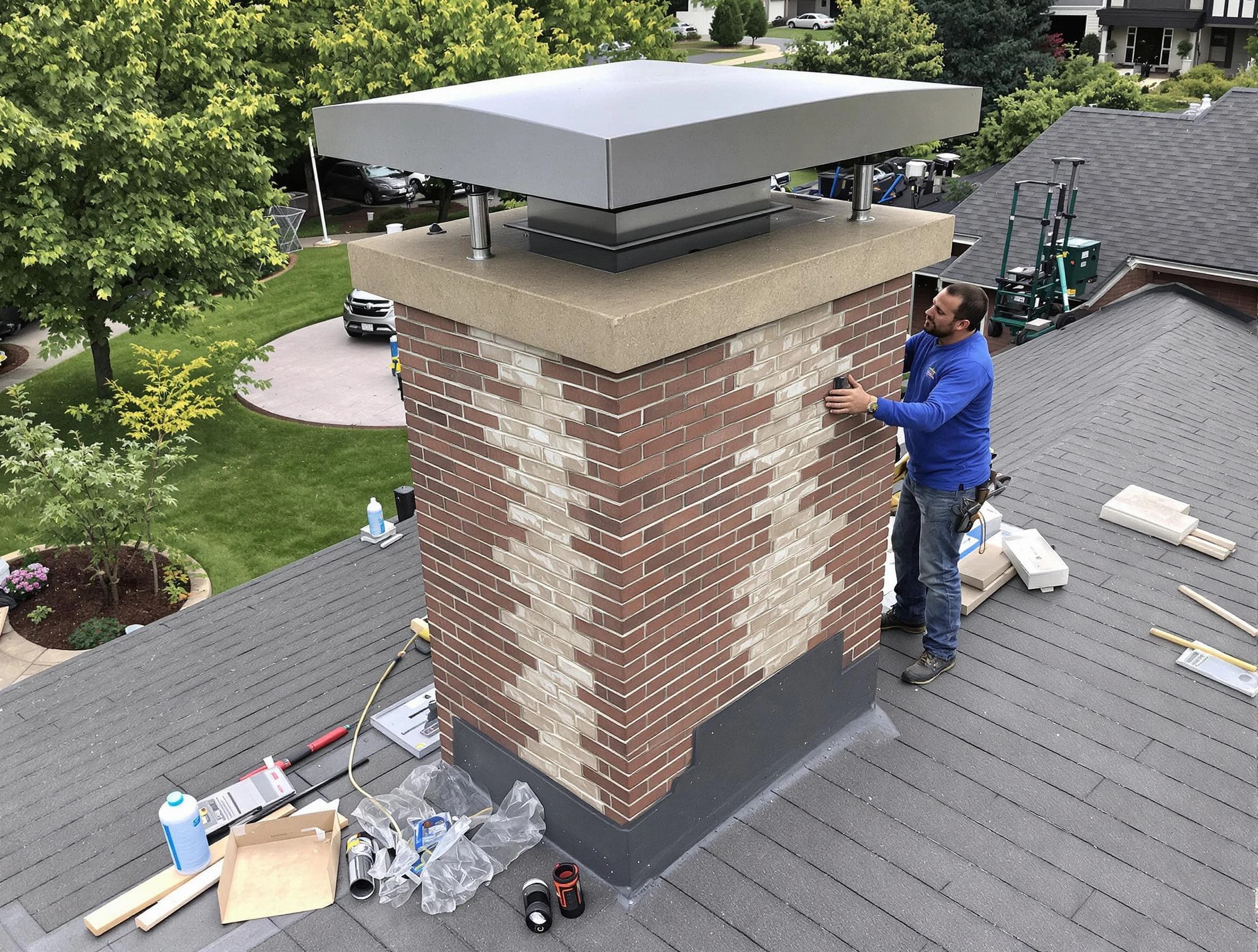 Tarrant Chimney Sweep team working on a custom chimney remodel in Tarrant, AL